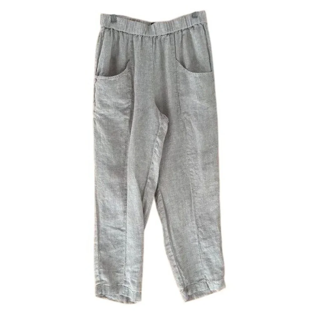 QUINCE Womens Flax 100% European Linen Tapered Ankle Pants Sz Large Elastic Wais - Picture 2 of 11